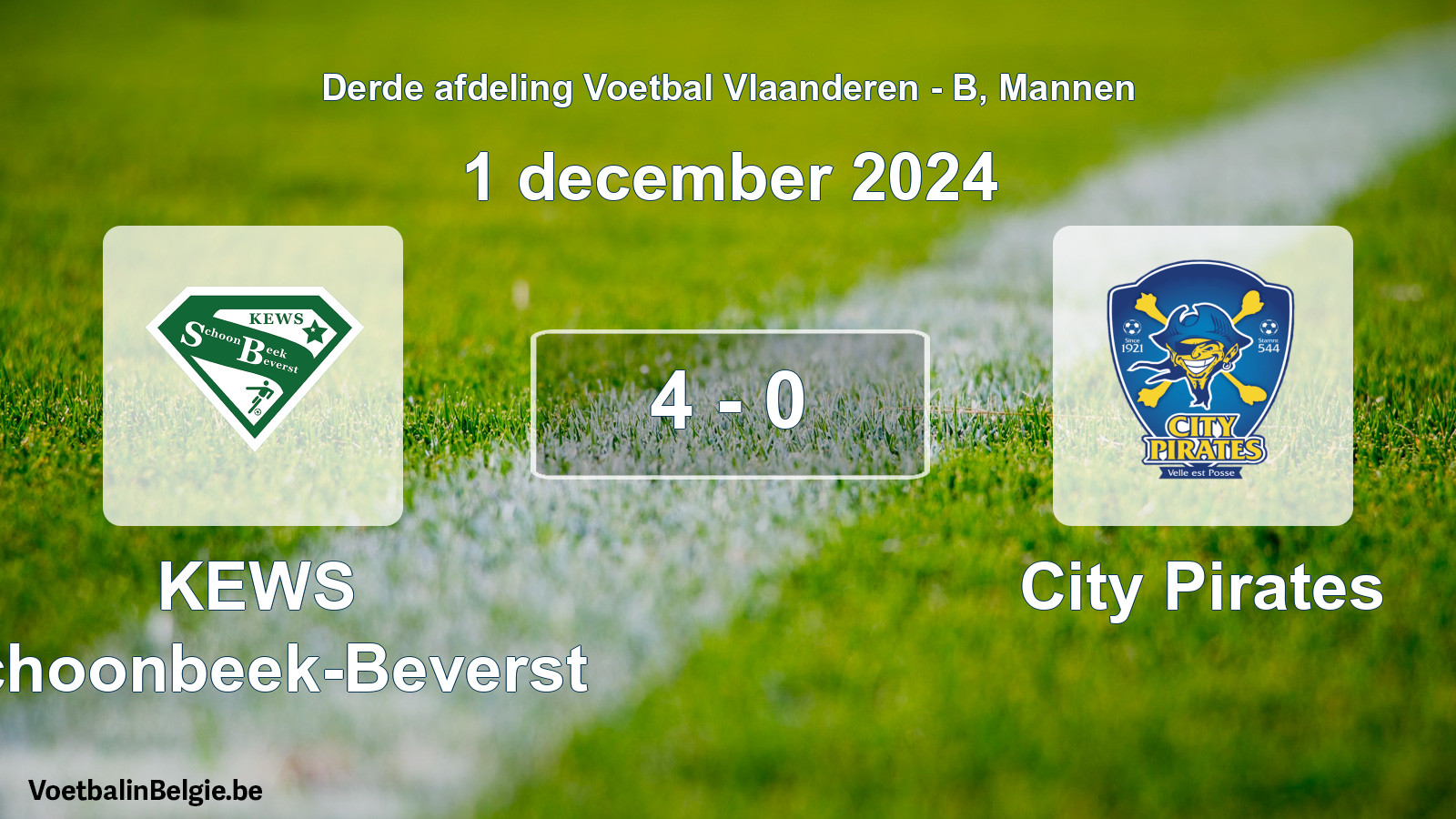 Gespeelde wedstrijd mannenvoetbal: KEWS Schoonbeek-Beverst - City Pirates 4 - 0 (1 december 2024)