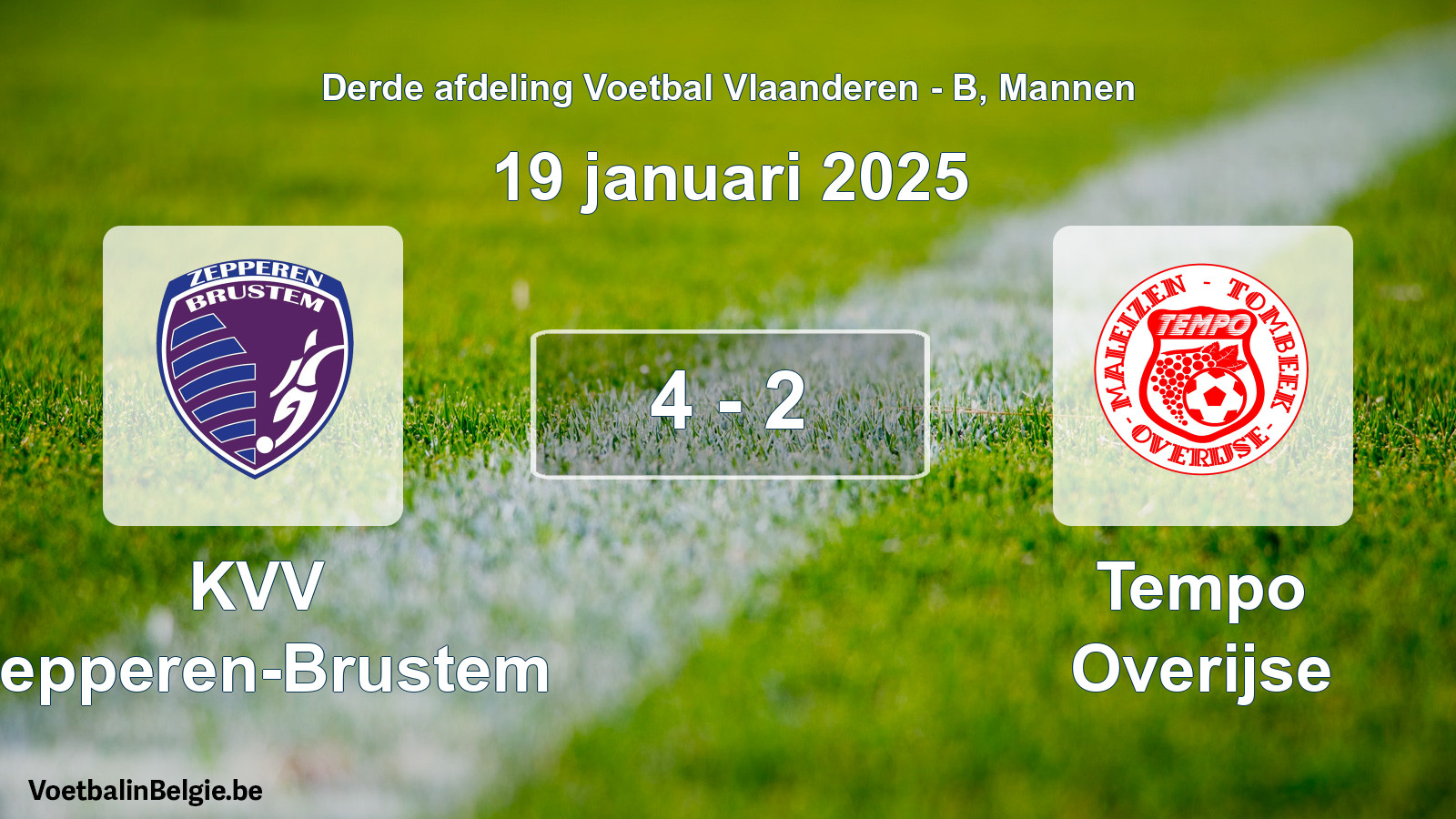 Gespeelde wedstrijd mannenvoetbal: KVV Zepperen-Brustem - Tempo Overijse 4 - 2 (19 januari 2025)