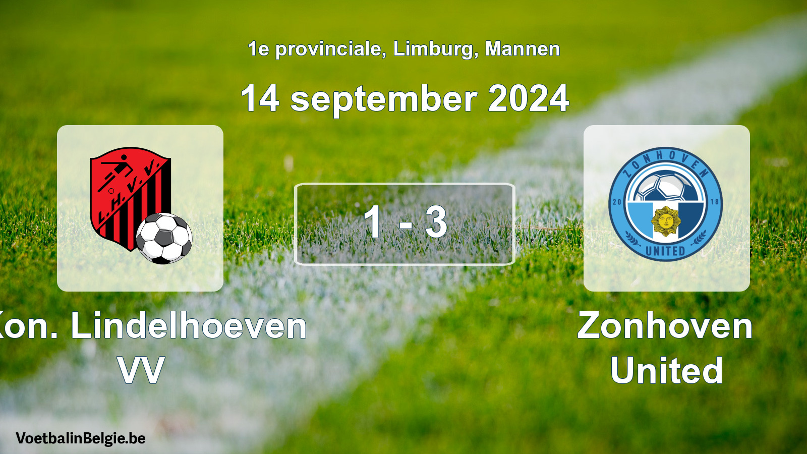 Gespeelde wedstrijd mannenvoetbal: Kon. Lindelhoeven VV - Zonhoven United 1 - 3 (14 september 2024)