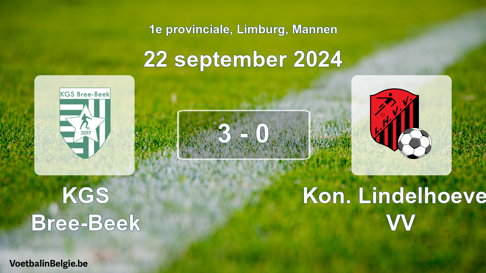 Gespeelde wedstrijd mannenvoetbal: KGS Bree-Beek - Kon. Lindelhoeven VV 3 - 0 (22 september 2024)
