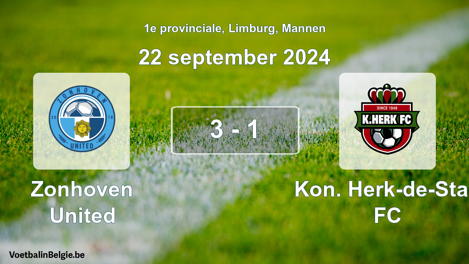 Gespeelde wedstrijd mannenvoetbal: Zonhoven United - Kon. Herk-de-Stad FC 3 - 1 (22 september 2024)