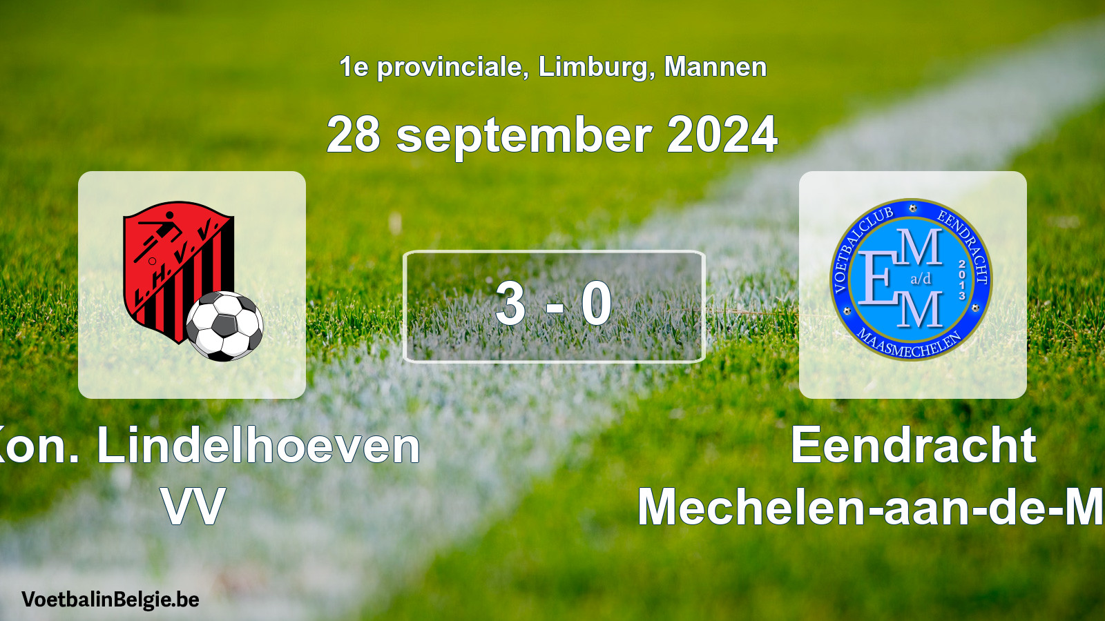 Gespeelde wedstrijd mannenvoetbal: Kon. Lindelhoeven VV - Eendracht Mechelen-aan-de-Maas 3 - 0 (28 september 2024)