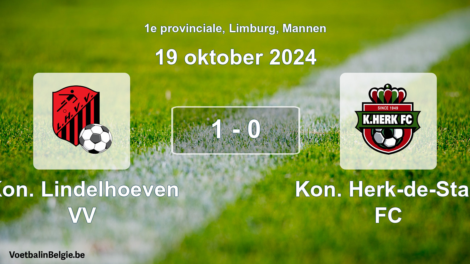 Gespeelde wedstrijd mannenvoetbal: Kon. Lindelhoeven VV - Kon. Herk-de-Stad FC 1 - 0 (19 oktober 2024)