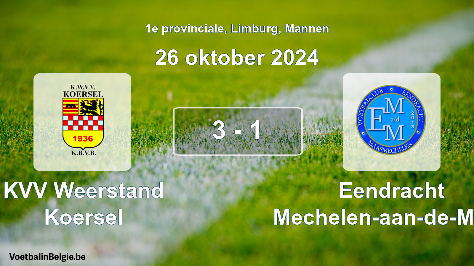 Gespeelde wedstrijd mannenvoetbal: KVV Weerstand Koersel - Eendracht Mechelen-aan-de-Maas 3 - 1 (26 oktober 2024)