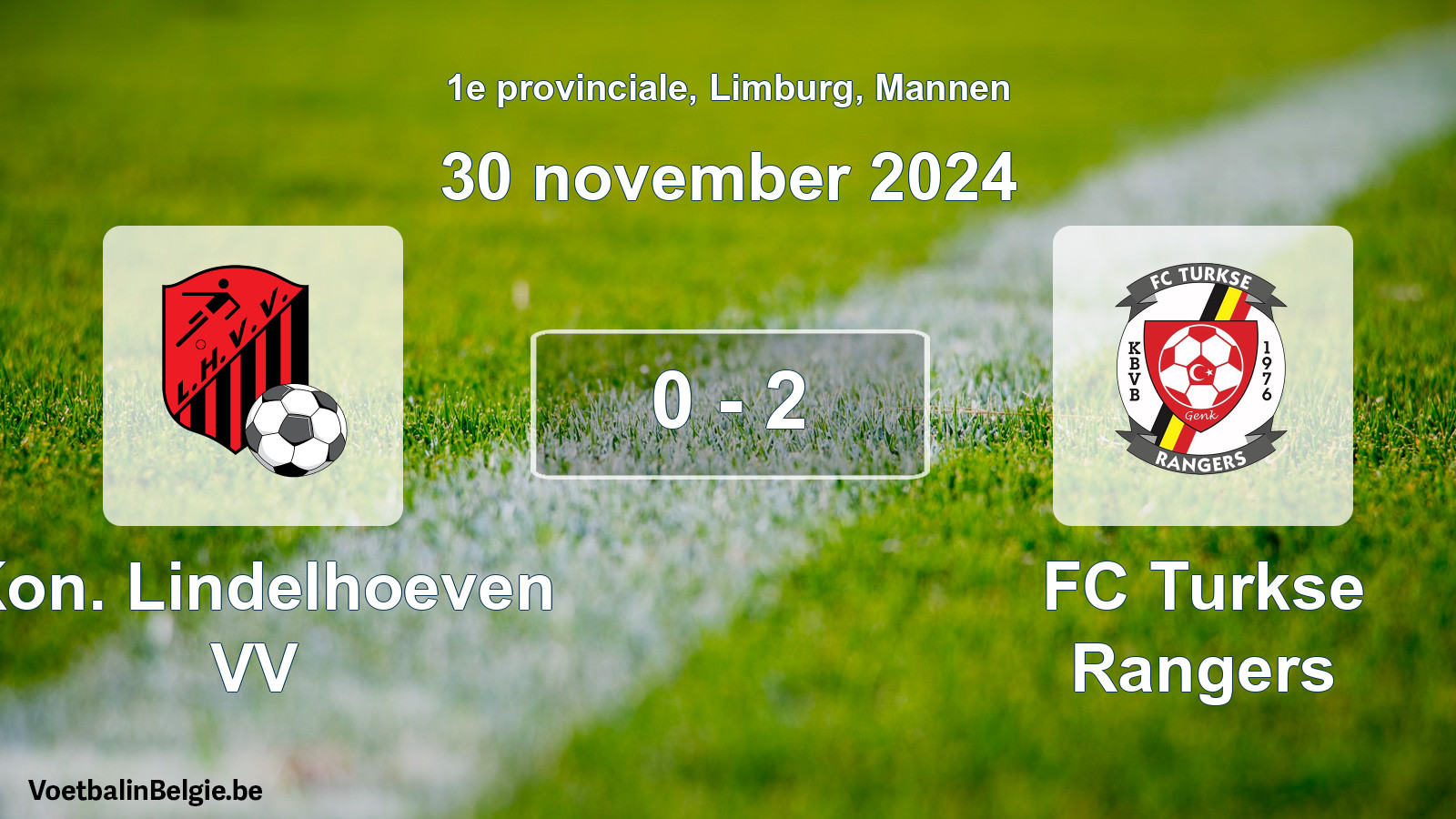 Gespeelde wedstrijd mannenvoetbal: Kon. Lindelhoeven VV - FC Turkse Rangers 0 - 2 (30 november 2024)