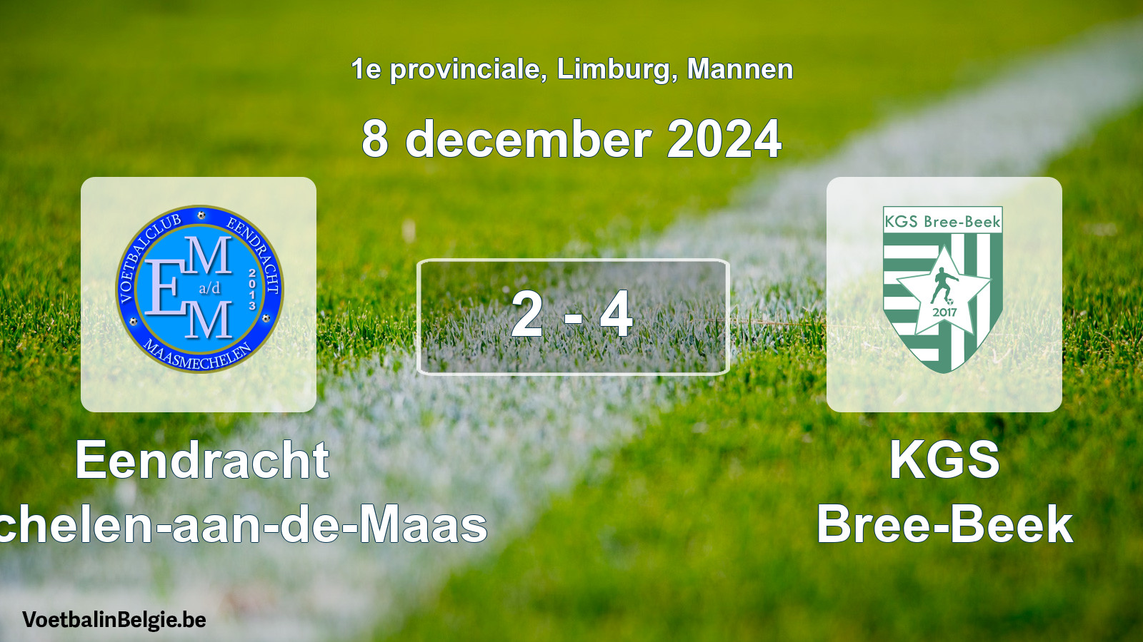Gespeelde wedstrijd mannenvoetbal: Eendracht Mechelen-aan-de-Maas - KGS Bree-Beek 2 - 4 (8 december 2024)