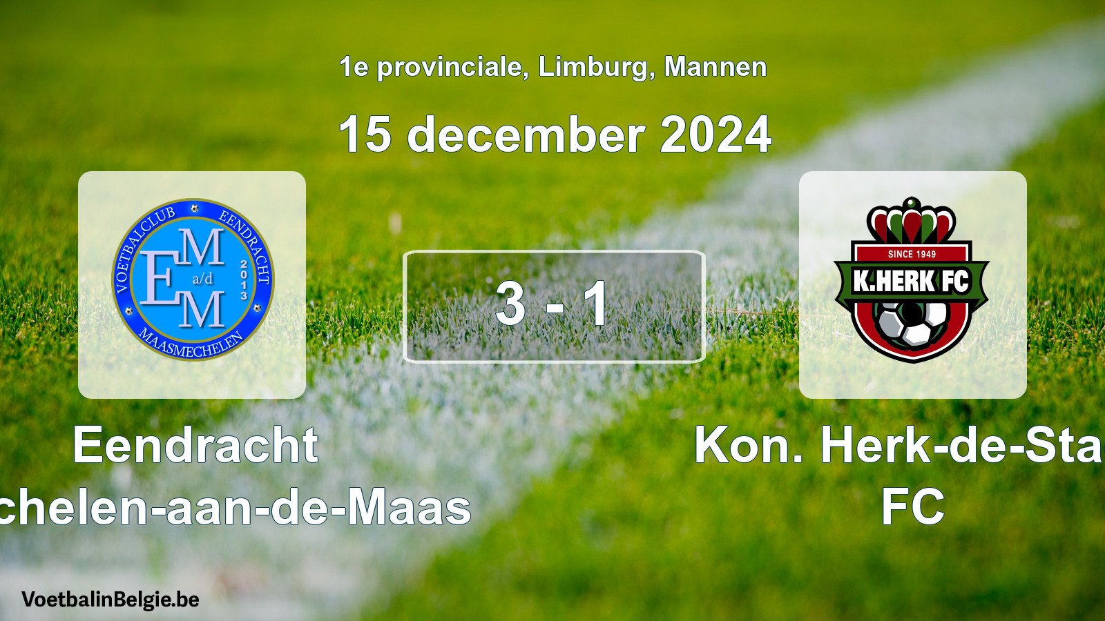 Gespeelde wedstrijd mannenvoetbal: Eendracht Mechelen-aan-de-Maas - Kon. Herk-de-Stad FC 3 - 1 (15 december 2024)