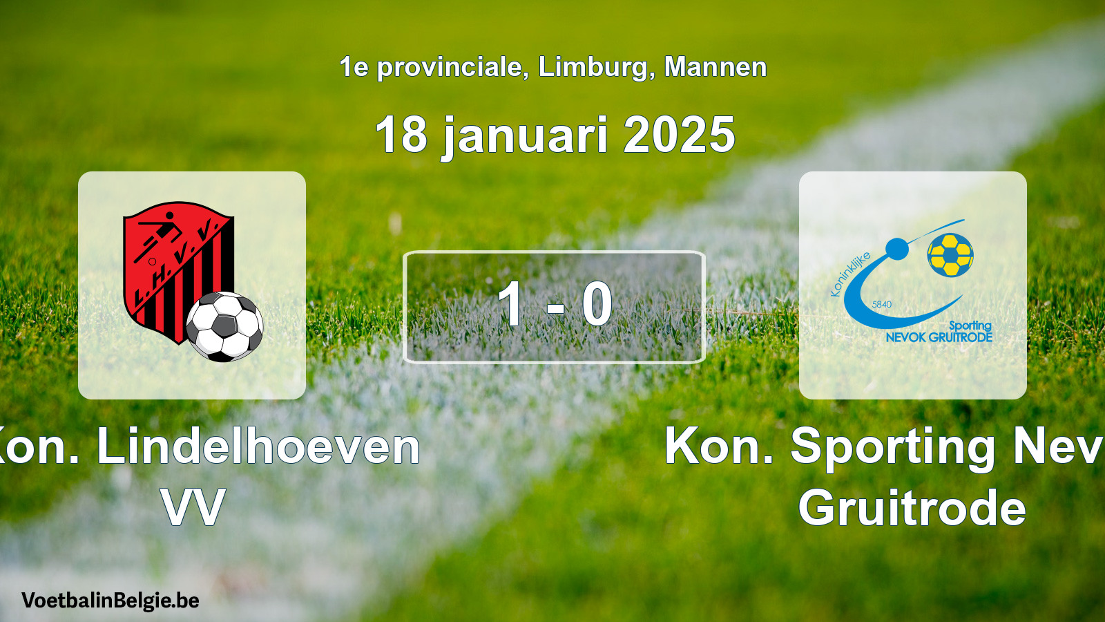 Gespeelde wedstrijd mannenvoetbal: Kon. Lindelhoeven VV - Kon. Sporting Nevok Gruitrode 1 - 0 (18 januari 2025)