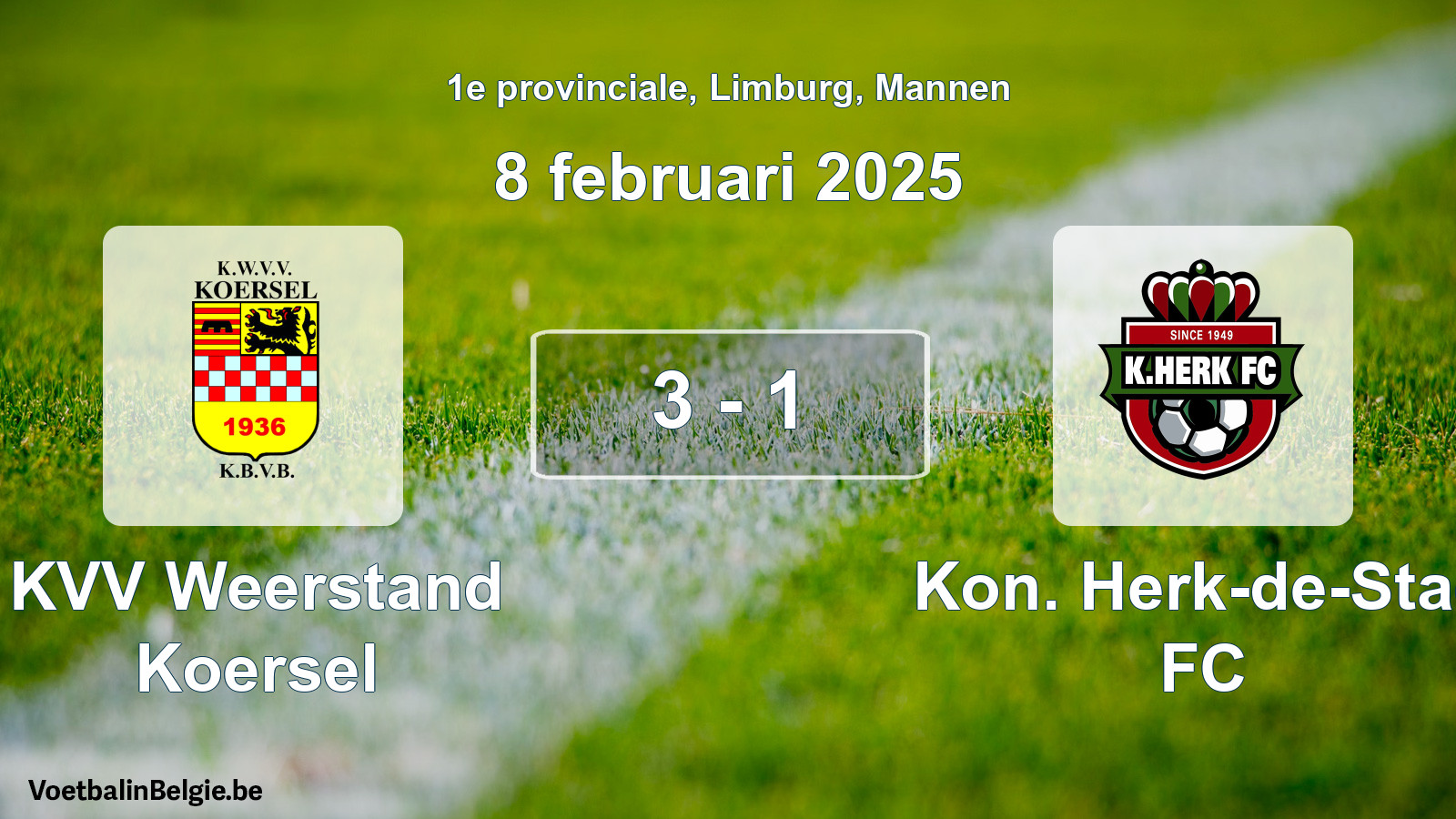 Gespeelde wedstrijd mannenvoetbal: KVV Weerstand Koersel - Kon. Herk-de-Stad FC 3 - 1 (8 februari 2025)