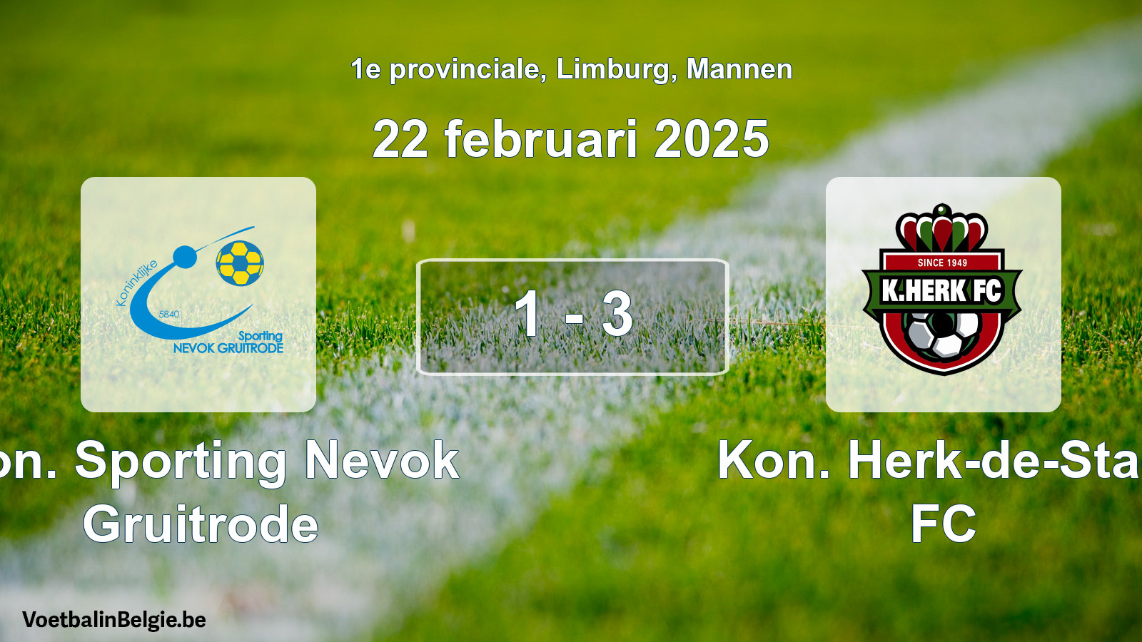 Gespeelde wedstrijd mannenvoetbal: Kon. Sporting Nevok Gruitrode - Kon. Herk-de-Stad FC 1 - 3 (22 februari 2025)