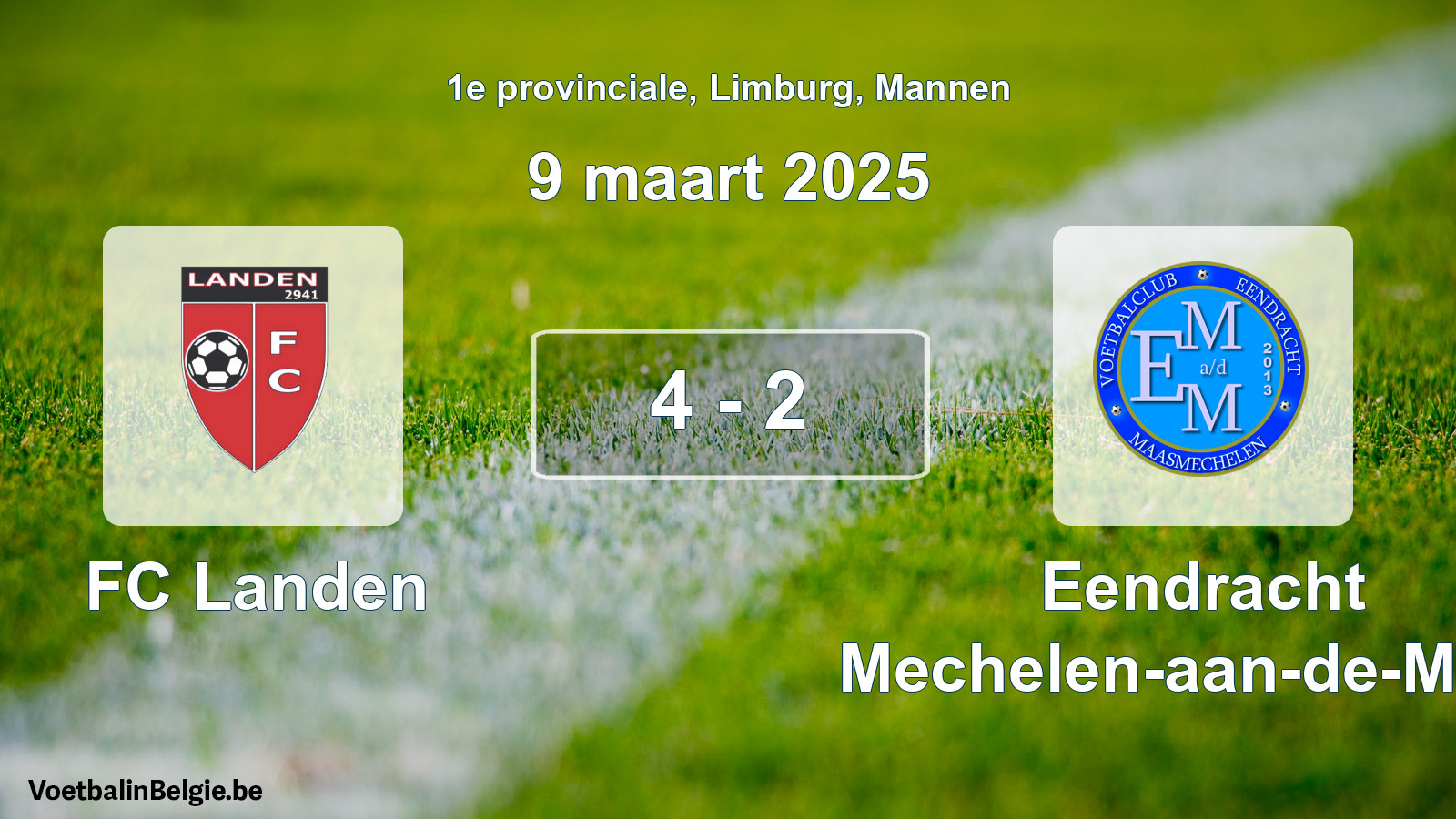 Gespeelde wedstrijd mannenvoetbal: FC Landen - Eendracht Mechelen-aan-de-Maas 4 - 2 (9 maart 2025)