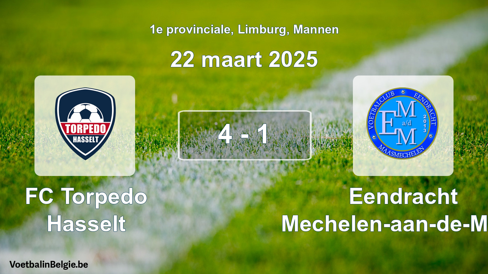 Gespeelde wedstrijd mannenvoetbal: FC Torpedo Hasselt - Eendracht Mechelen-aan-de-Maas 4 - 1 (22 maart 2025)
