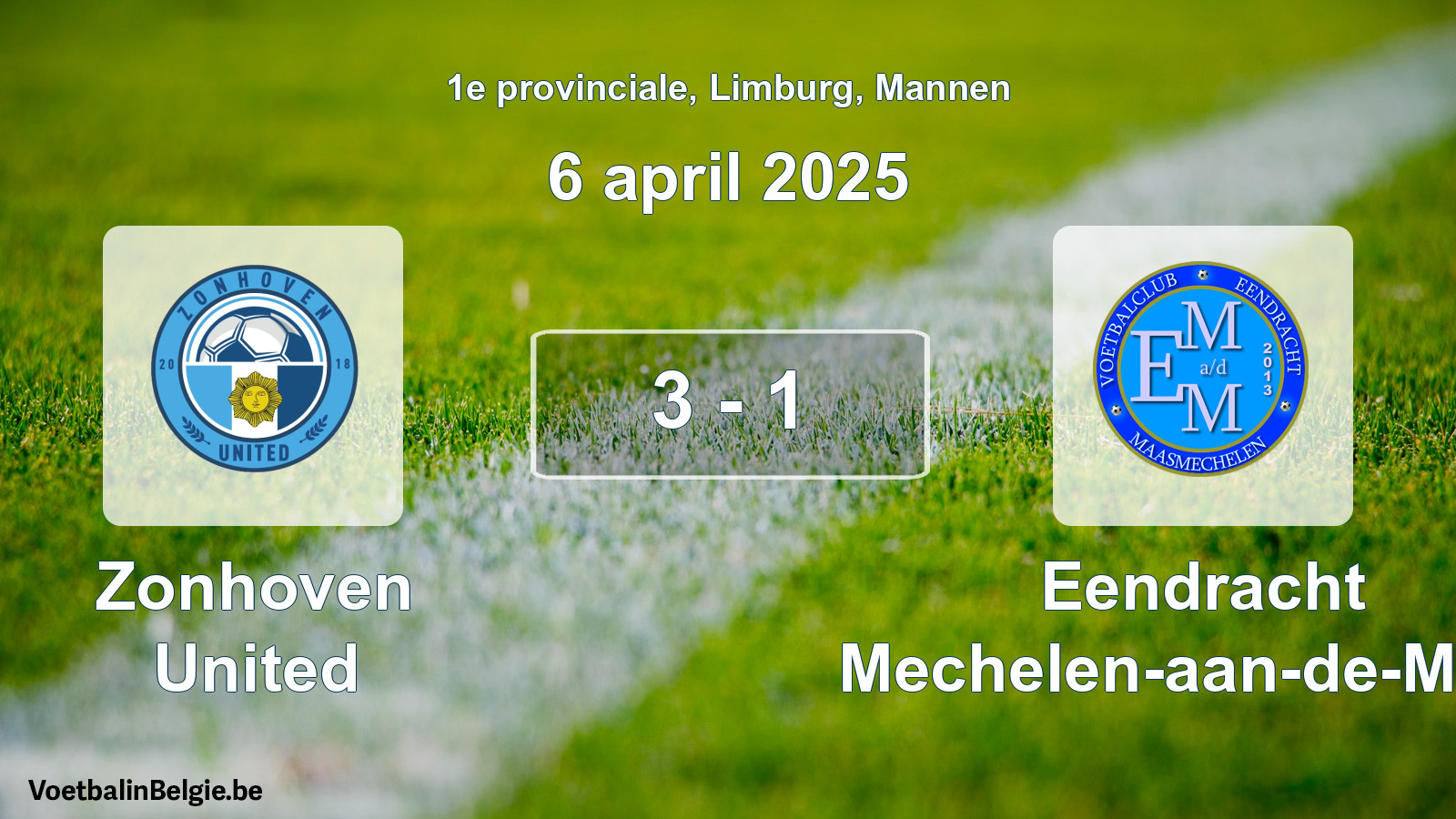 Gespeelde wedstrijd mannenvoetbal: Zonhoven United - Eendracht Mechelen-aan-de-Maas 3 - 1 (6 april 2025)