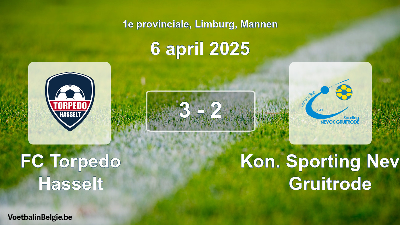 Gespeelde wedstrijd mannenvoetbal: FC Torpedo Hasselt - Kon. Sporting Nevok Gruitrode 3 - 2 (6 april 2025)