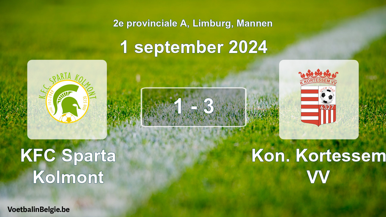 Gespeelde wedstrijd mannenvoetbal: KFC Sparta Kolmont - Kon. Kortessem VV 1 - 3 (1 september 2024)