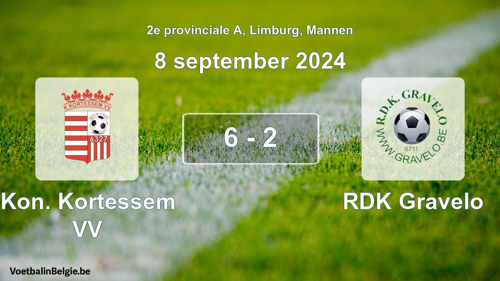 Gespeelde wedstrijd mannenvoetbal: Kon. Kortessem VV - RDK Gravelo 6 - 2 (8 september 2024)