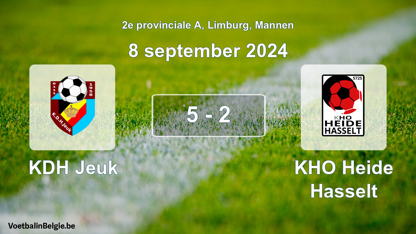Gespeelde wedstrijd mannenvoetbal: KDH Jeuk - KHO Heide Hasselt 5 - 2 (8 september 2024)