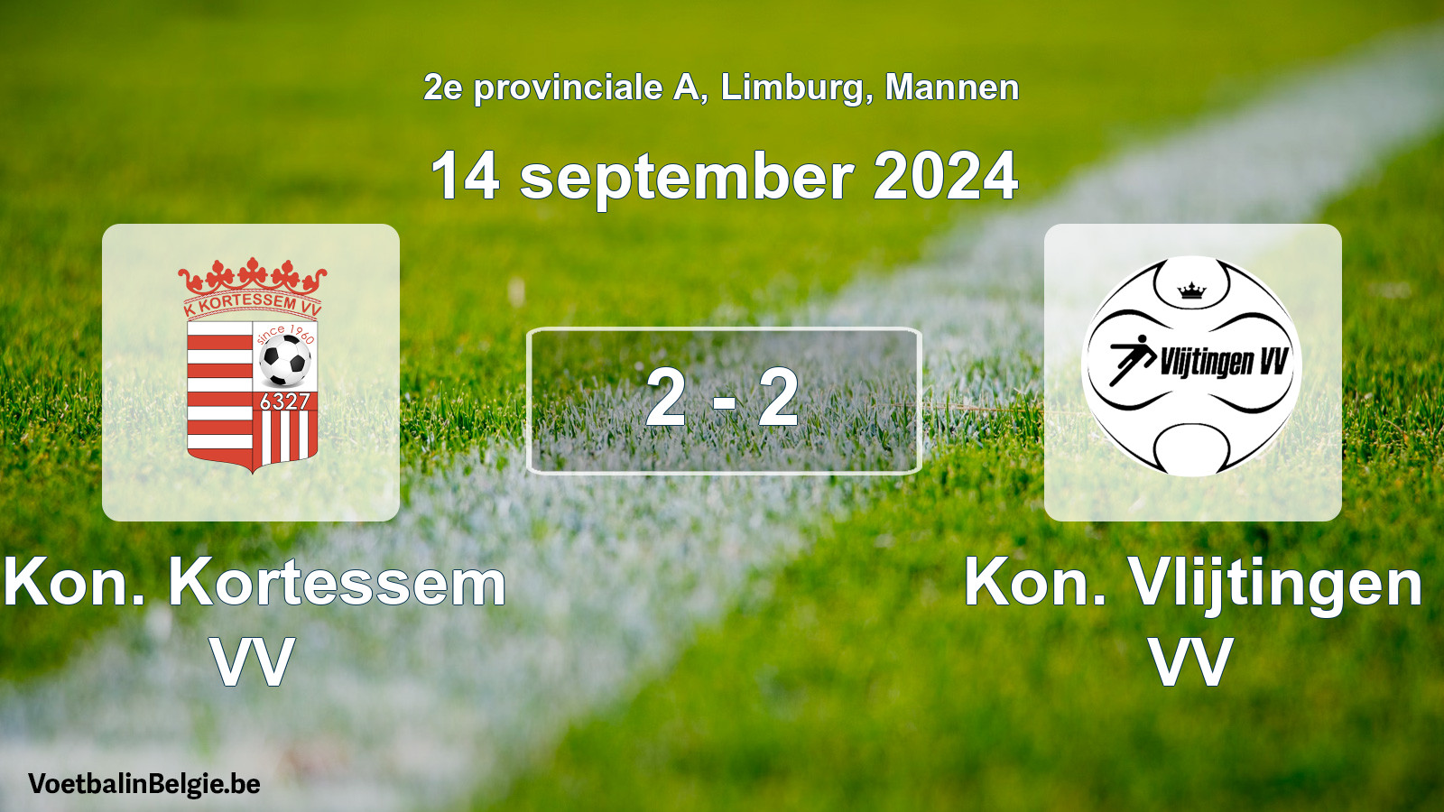 Gespeelde wedstrijd mannenvoetbal: Kon. Kortessem VV - Kon. Vlijtingen VV 2 - 2 (14 september 2024)