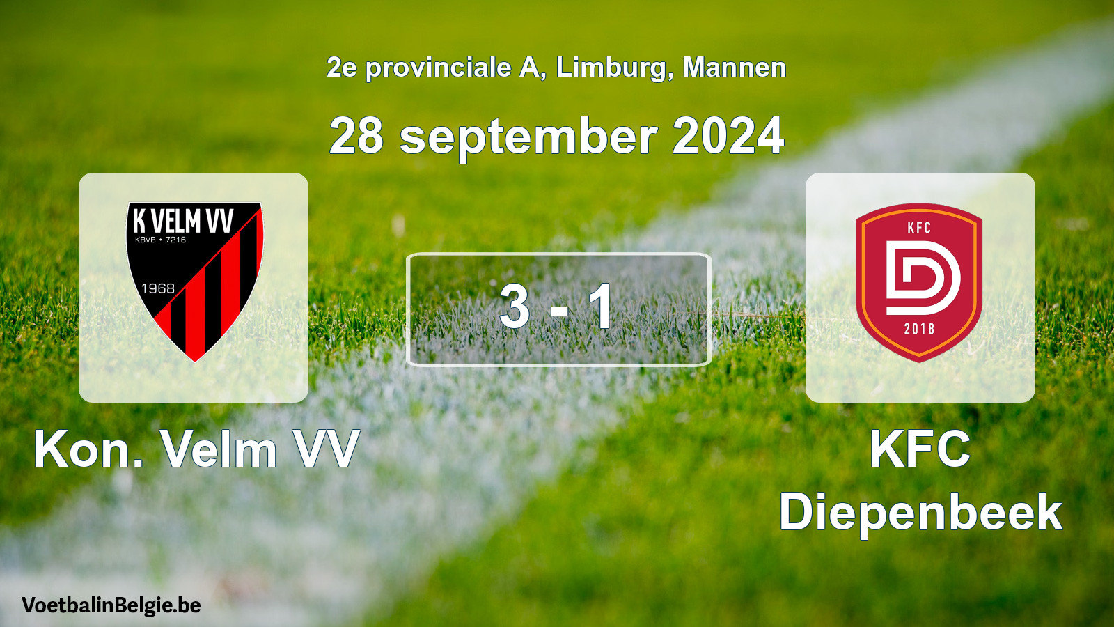 Gespeelde wedstrijd mannenvoetbal: Kon. Velm VV - KFC Diepenbeek 3 - 1 (28 september 2024)