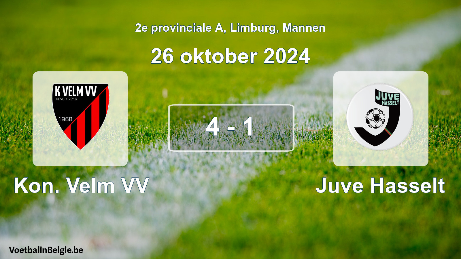 Gespeelde wedstrijd mannenvoetbal: Kon. Velm VV - Juve Hasselt 4 - 1 (26 oktober 2024)