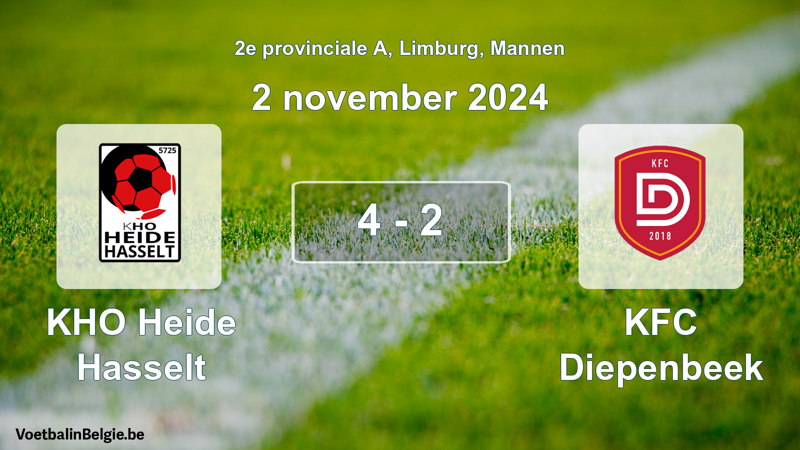 Played match men football: KHO Heide Hasselt - KFC Diepenbeek 4 - 2 (2 November 2024)