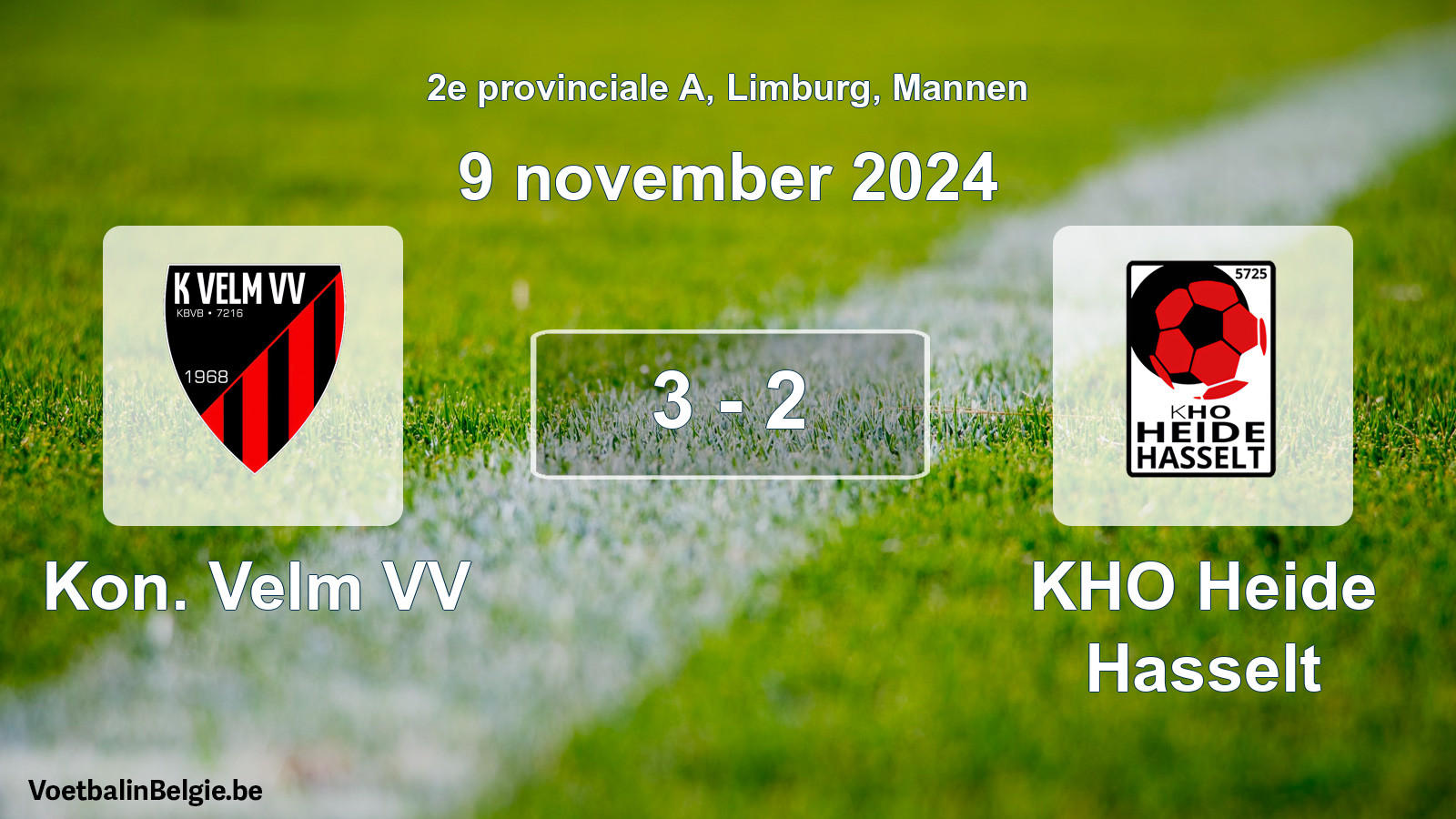 Gespeelde wedstrijd mannenvoetbal: Kon. Velm VV - KHO Heide Hasselt 3 - 2 (9 november 2024)