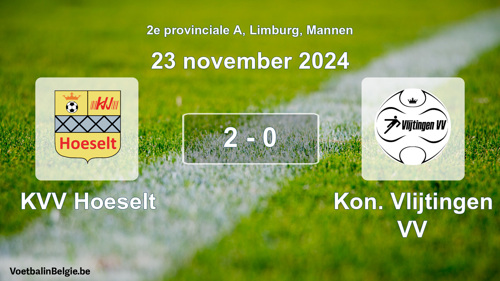 Gespeelde wedstrijd mannenvoetbal: KVV Hoeselt - Kon. Vlijtingen VV 2 - 0 (23 november 2024)