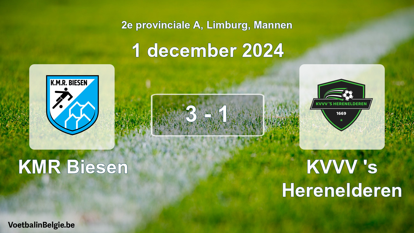 Gespeelde wedstrijd mannenvoetbal: KMR Biesen - KVVV 's Herenelderen 3 - 1 (1 december 2024)