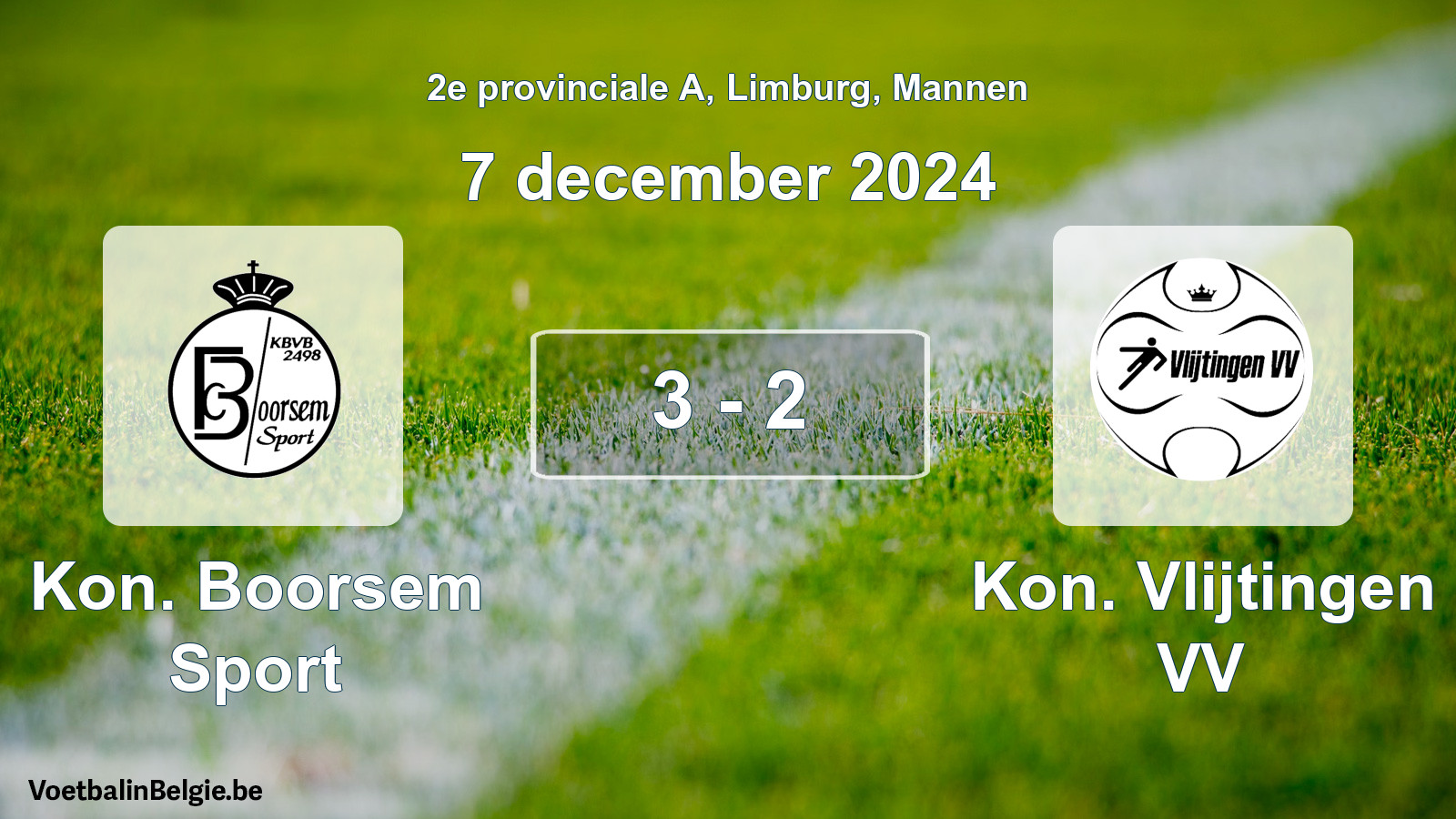 Gespeelde wedstrijd mannenvoetbal: Kon. Boorsem Sport - Kon. Vlijtingen VV 3 - 2 (7 december 2024)