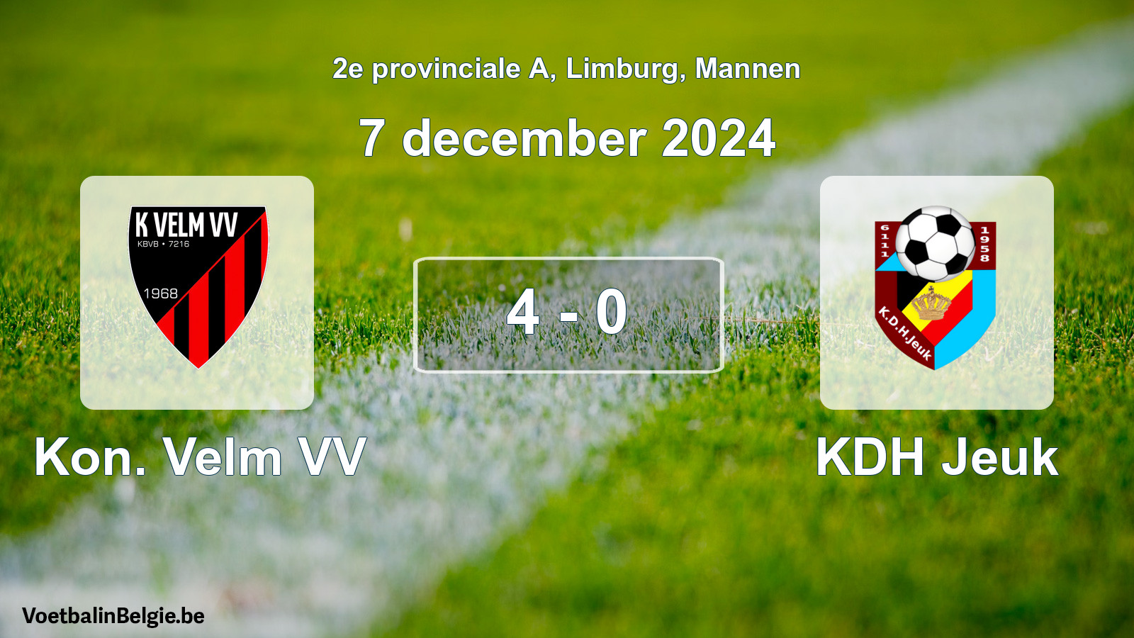Gespeelde wedstrijd mannenvoetbal: Kon. Velm VV - KDH Jeuk 4 - 0 (7 december 2024)