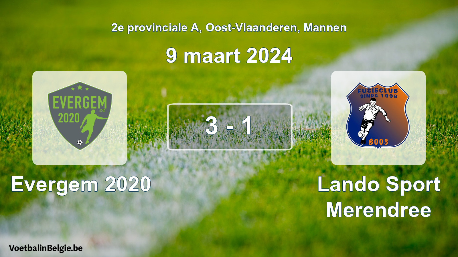 Gespeelde wedstrijd mannenvoetbal: Evergem 2020 - Lando Sport Merendree 3 - 1 (9 maart 2024)