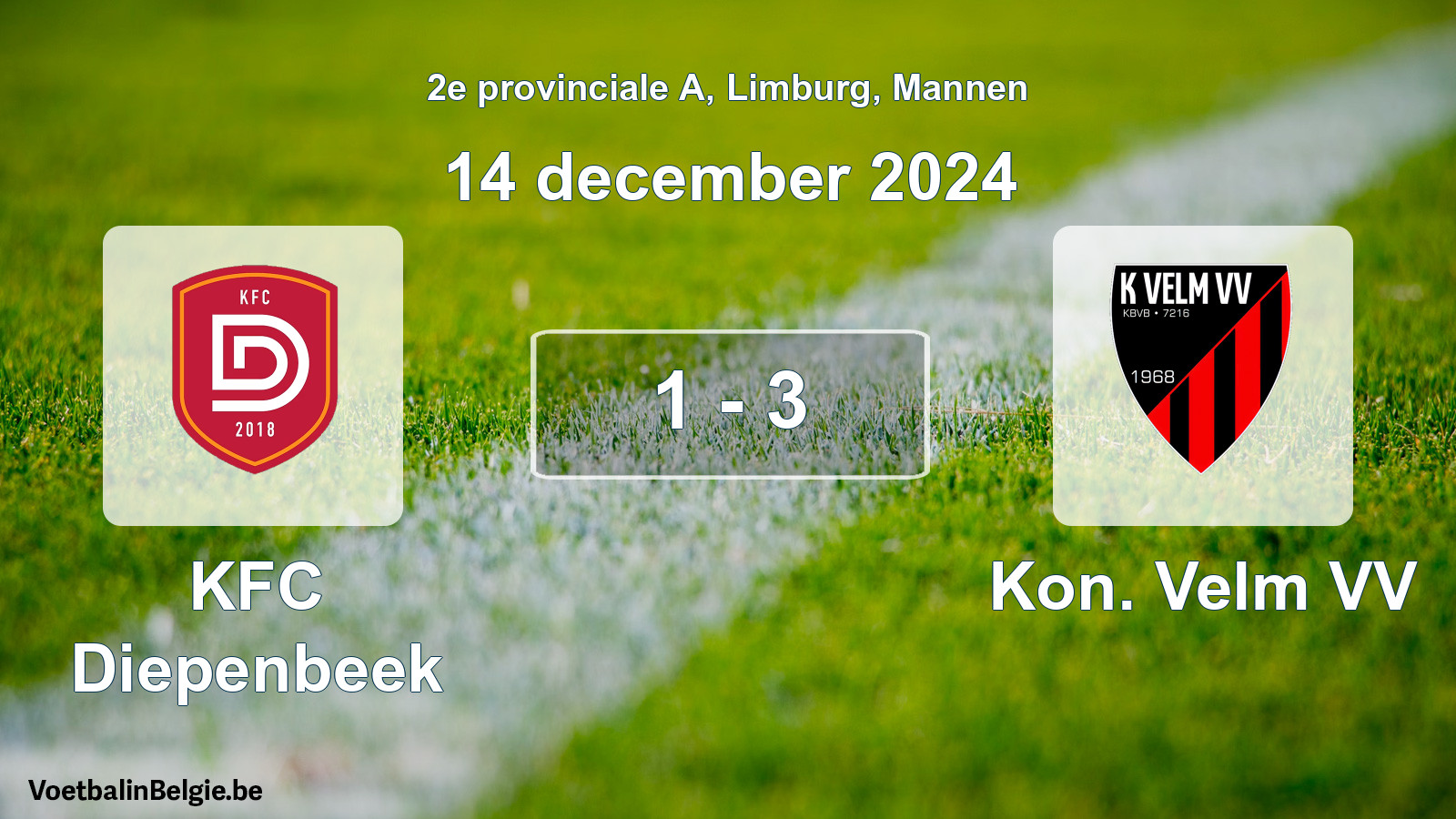 Gespeelde wedstrijd mannenvoetbal: KFC Diepenbeek - Kon. Velm VV 1 - 3 (14 december 2024)