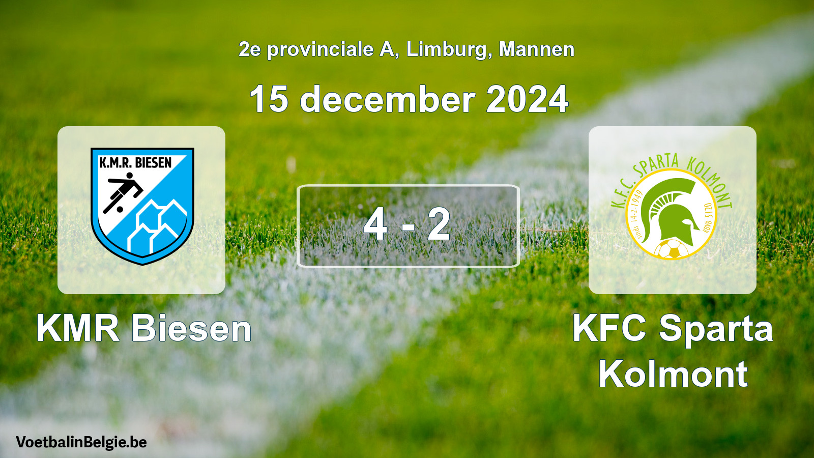 Gespeelde wedstrijd mannenvoetbal: KMR Biesen - KFC Sparta Kolmont 4 - 2 (15 december 2024)