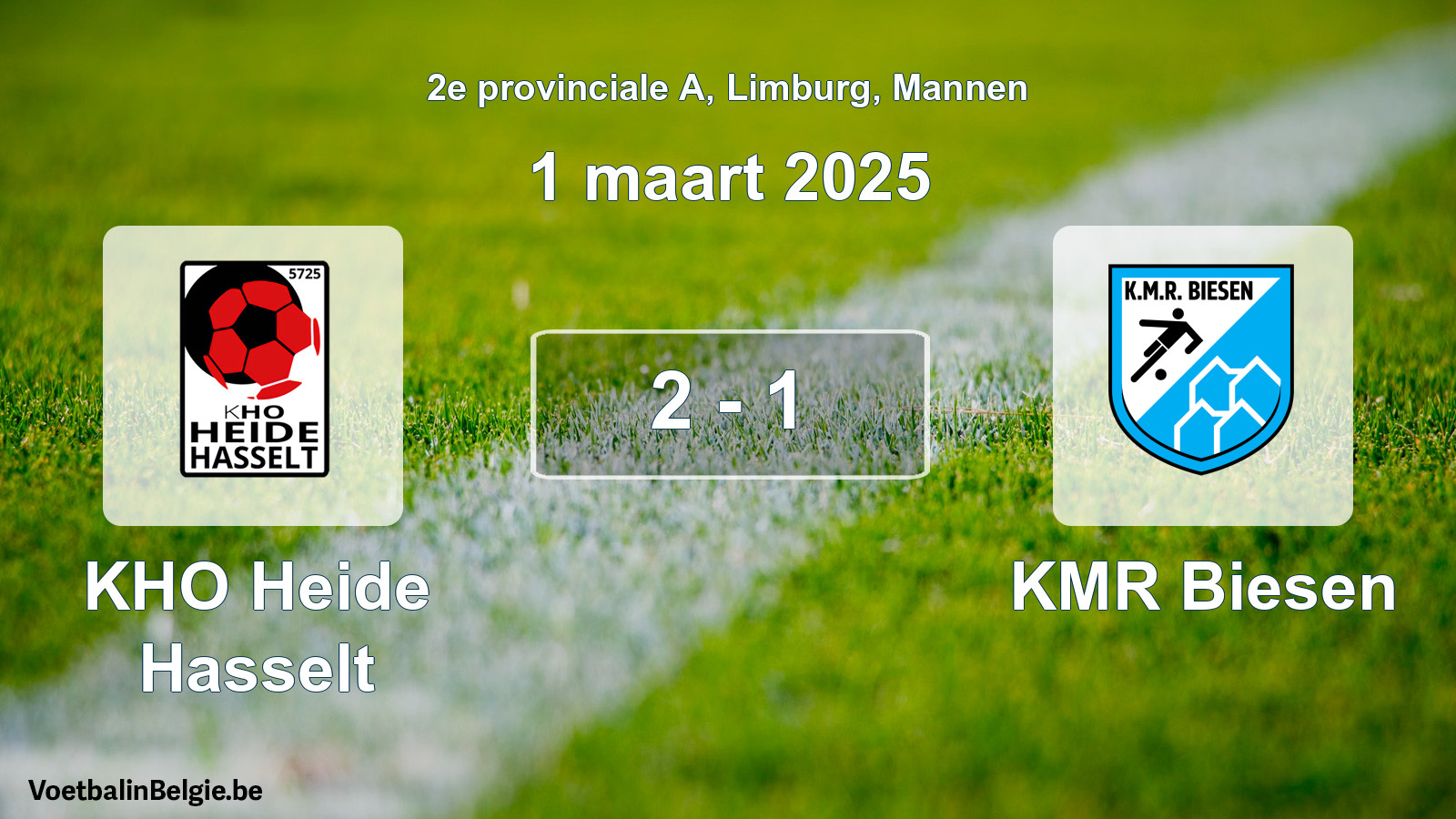 Match joué football hommes: KHO Heide Hasselt - KMR Biesen 2 - 1 (1 mars 2025)