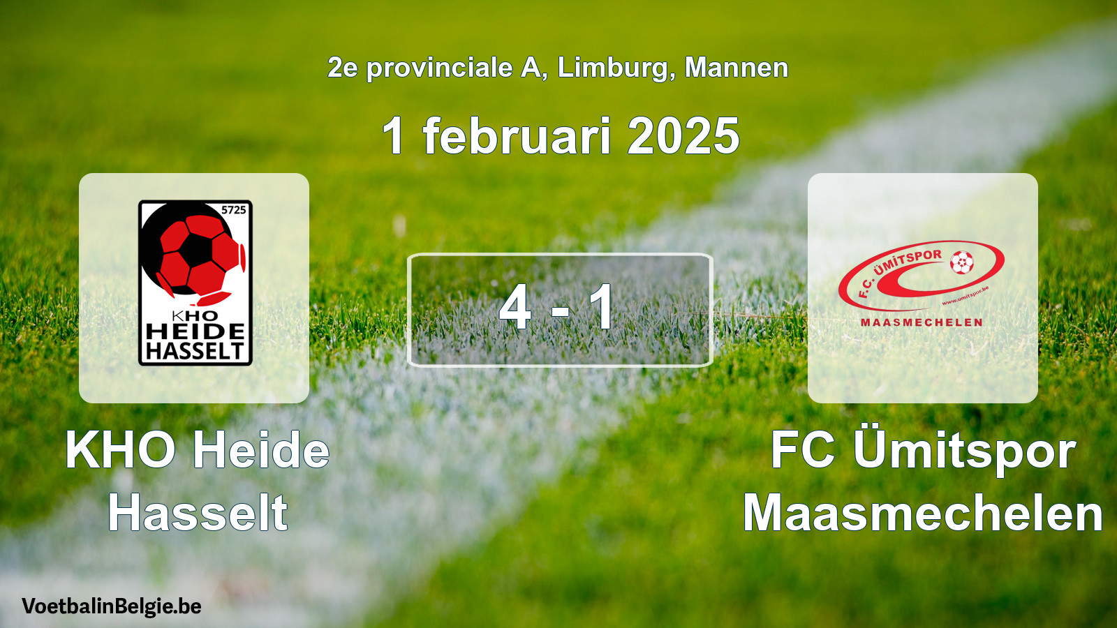 Gespeelde wedstrijd mannenvoetbal: KHO Heide Hasselt - FC Ümitspor Maasmechelen 4 - 1 (1 februari 2025)