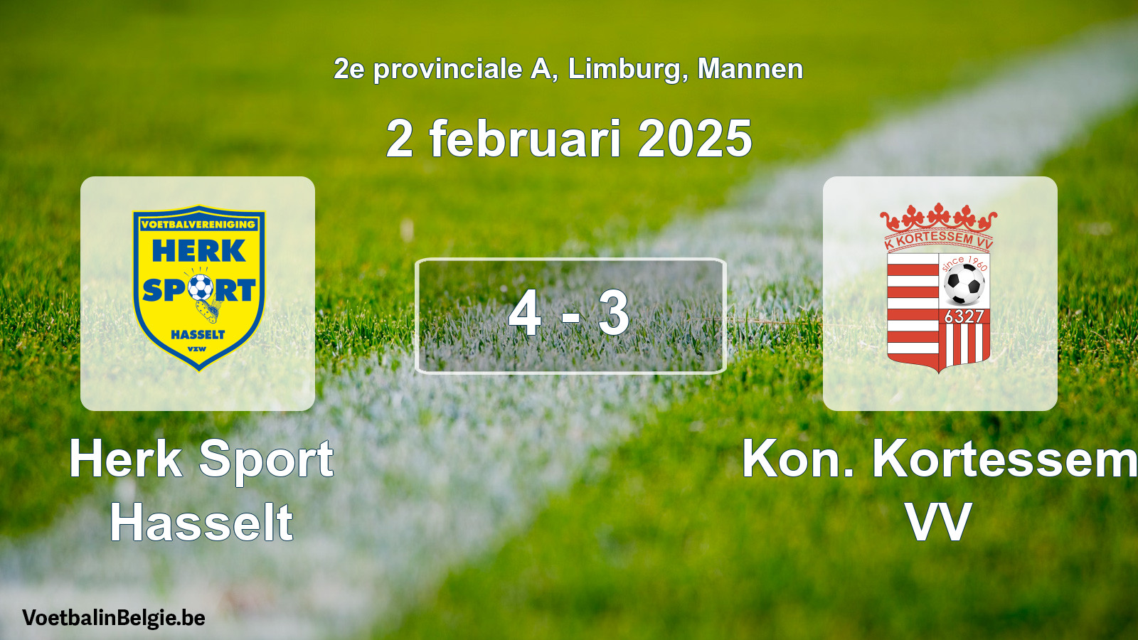 Gespeelde wedstrijd mannenvoetbal: Herk Sport Hasselt - Kon. Kortessem VV 4 - 3 (2 februari 2025)