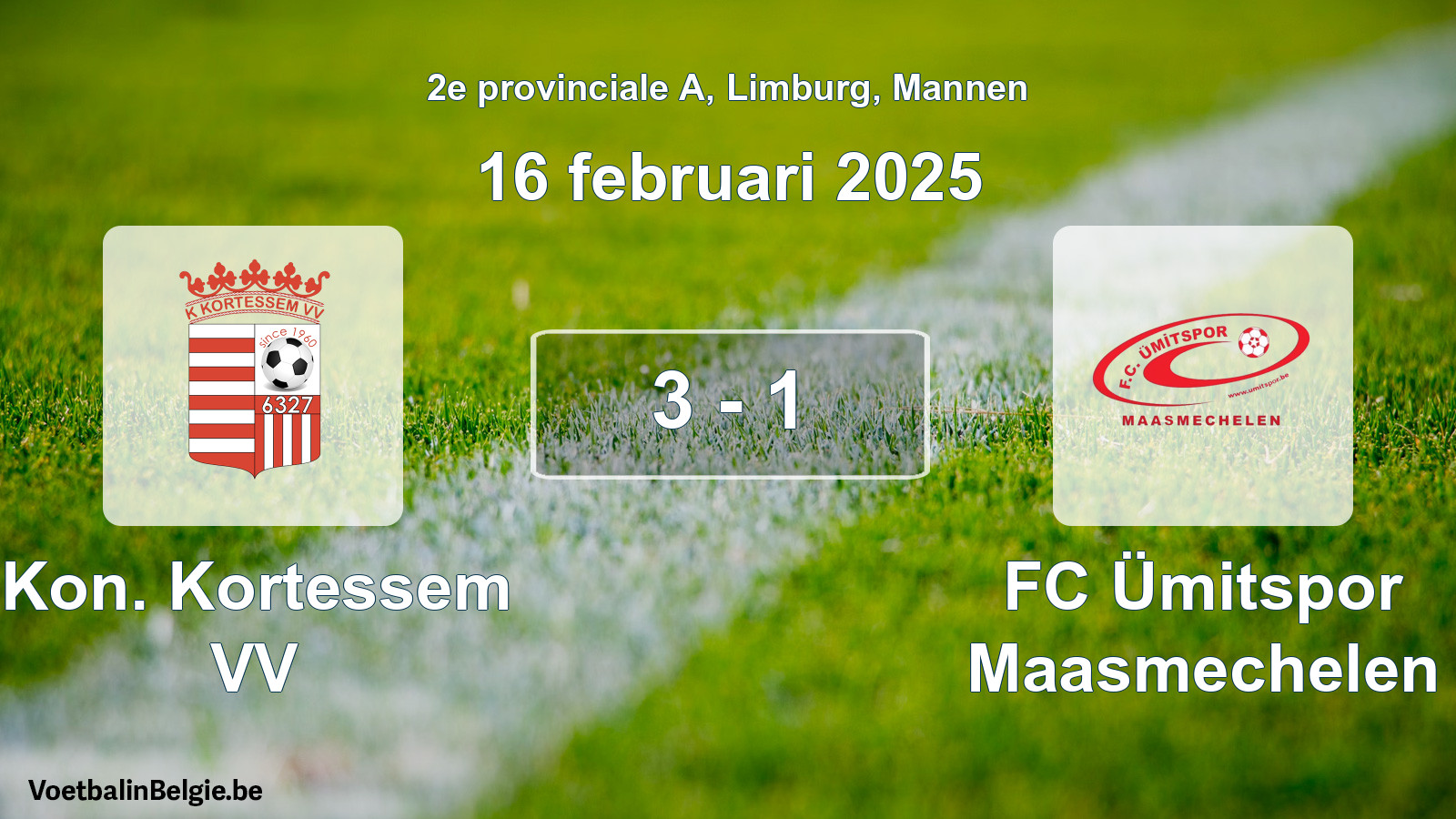 Gespeelde wedstrijd mannenvoetbal: Kon. Kortessem VV - FC Ümitspor Maasmechelen 3 - 1 (16 februari 2025)