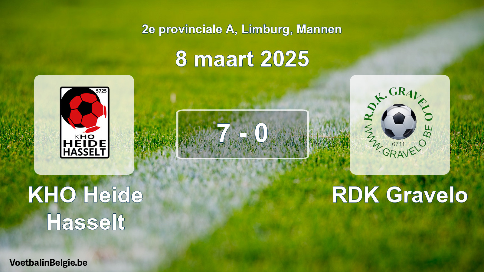 Gespeelde wedstrijd mannenvoetbal: KHO Heide Hasselt - RDK Gravelo 7 - 0 (8 maart 2025)