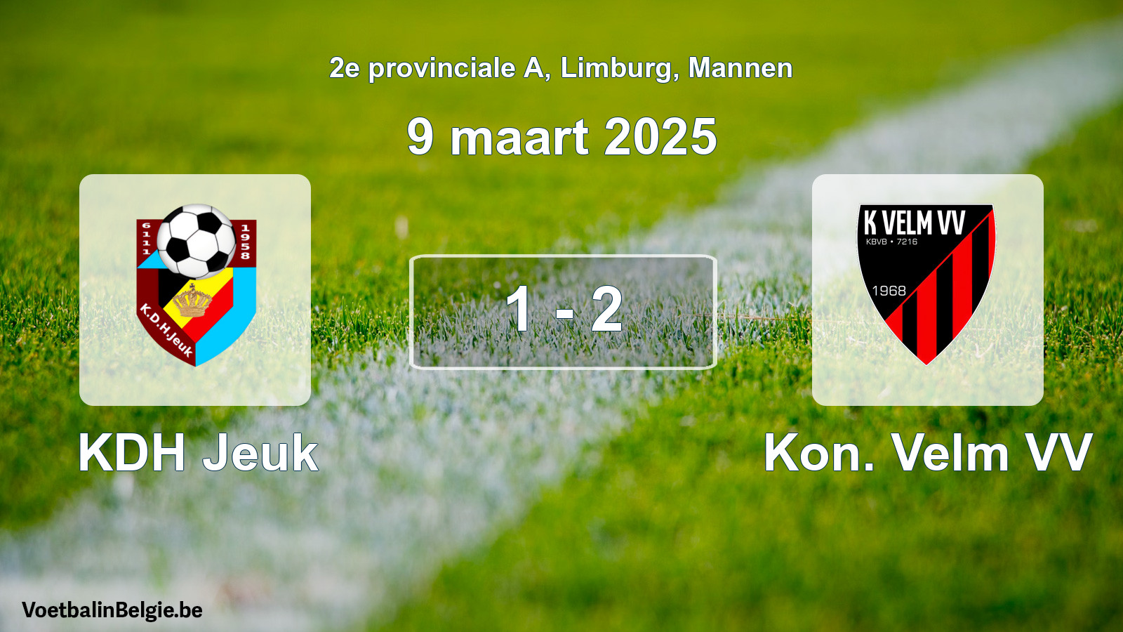 Gespeelde wedstrijd mannenvoetbal: KDH Jeuk - Kon. Velm VV 1 - 2 (9 maart 2025)