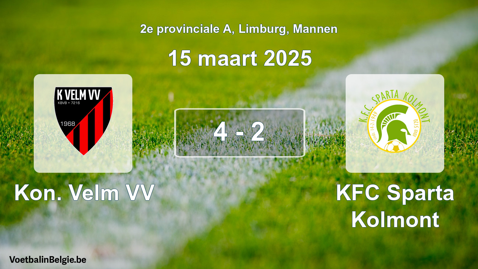 Gespeelde wedstrijd mannenvoetbal: Kon. Velm VV - KFC Sparta Kolmont 4 - 2 (15 maart 2025)
