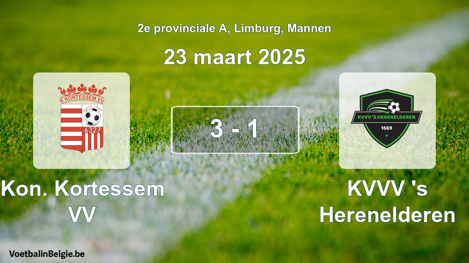 Gespeelde wedstrijd mannenvoetbal: Kon. Kortessem VV - KVVV 's Herenelderen 3 - 1 (23 maart 2025)