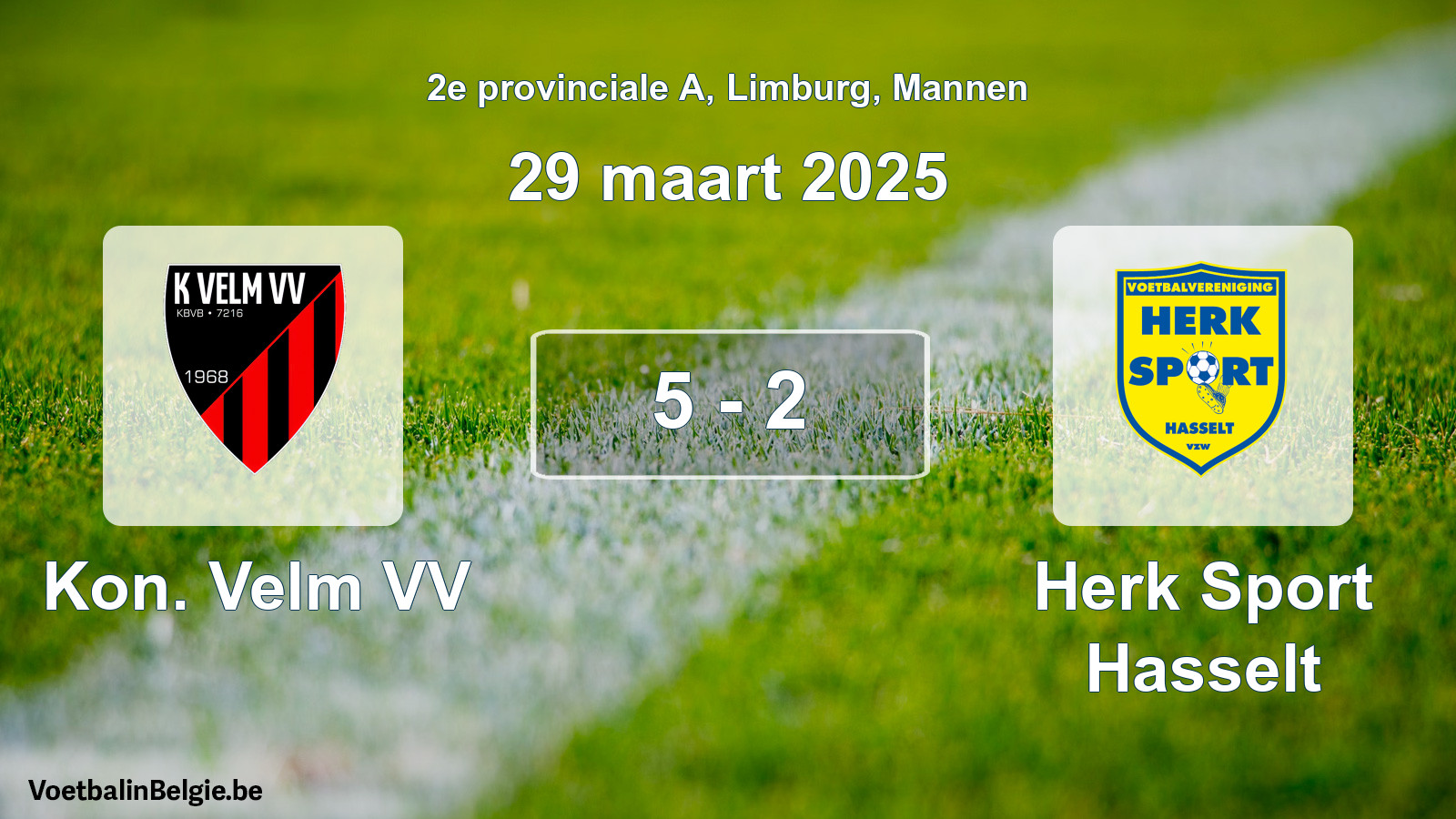 Gespeelde wedstrijd mannenvoetbal: Kon. Velm VV - Herk Sport Hasselt 5 - 2 (29 maart 2025)