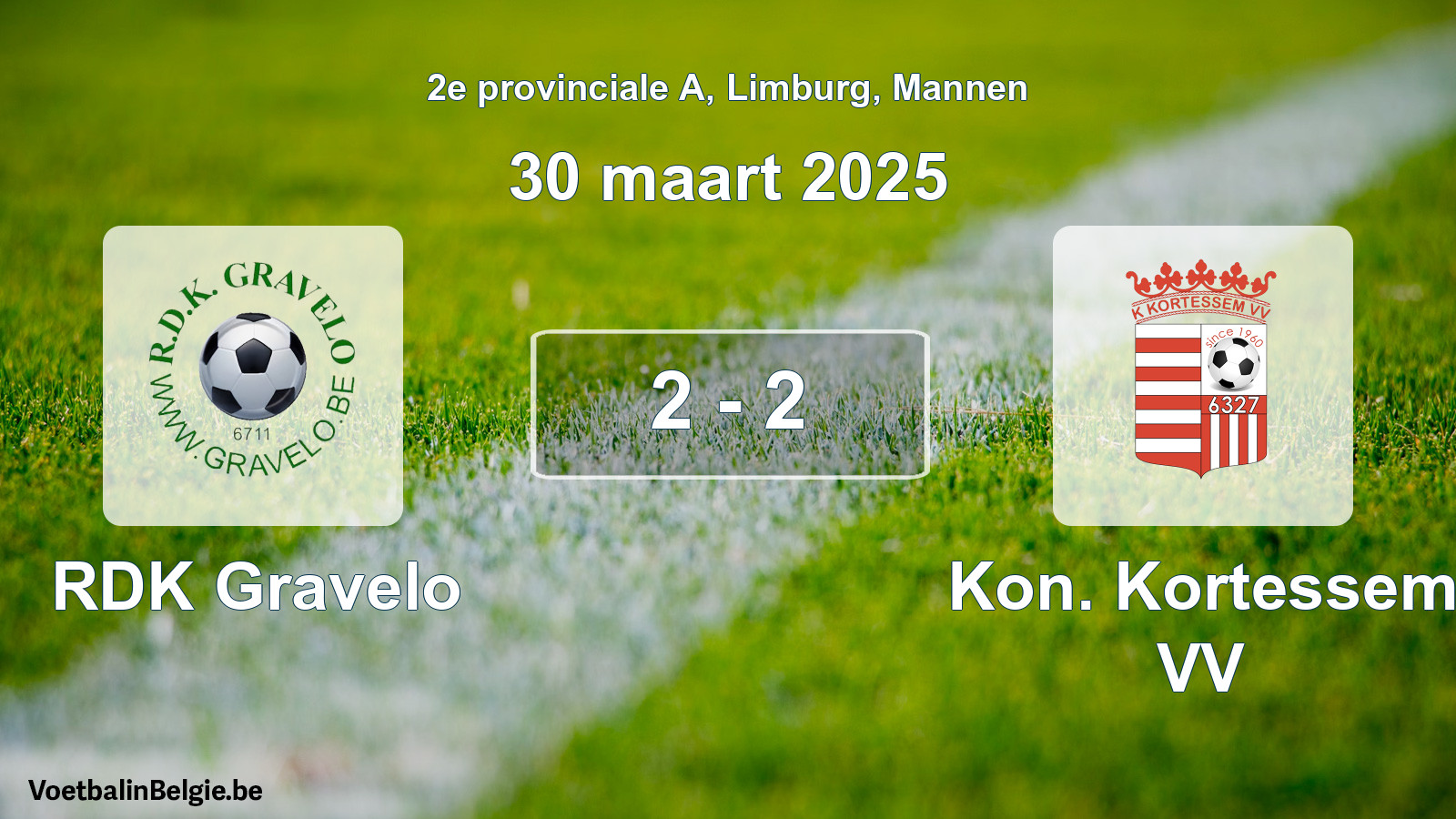 Gespeelde wedstrijd mannenvoetbal: RDK Gravelo - Kon. Kortessem VV 2 - 2 (30 maart 2025)