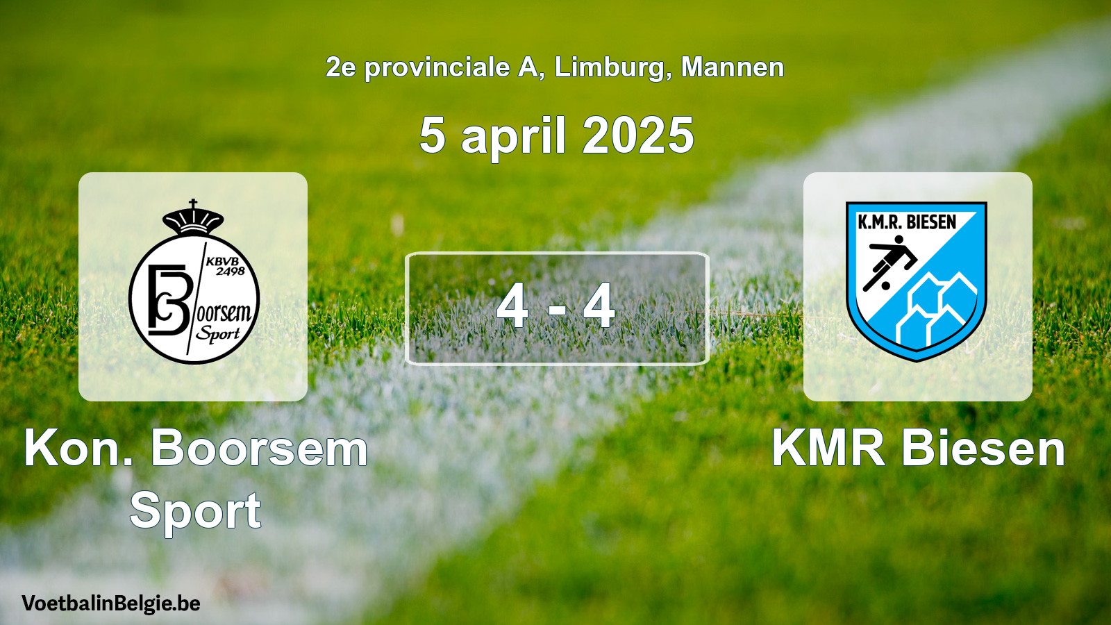 Gespeelde wedstrijd mannenvoetbal: Kon. Boorsem Sport - KMR Biesen 4 - 4 (5 april 2025)