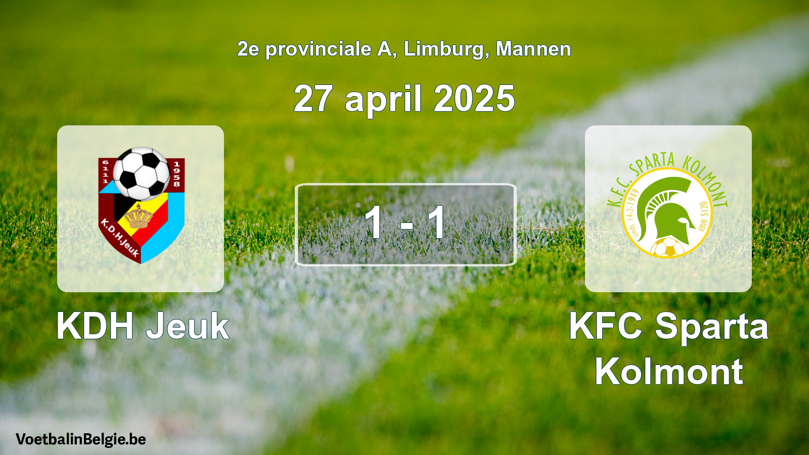 Gespeelde wedstrijd mannenvoetbal: KDH Jeuk - KFC Sparta Kolmont 1 - 1 (27 april 2025)