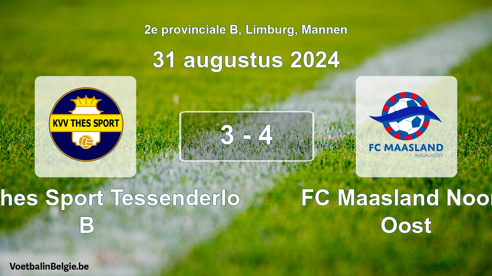 Gespeelde wedstrijd mannenvoetbal: KVV Thes Sport Tessenderlo B - FC Maasland Noord Oost 3 - 4 (31 augustus 2024)