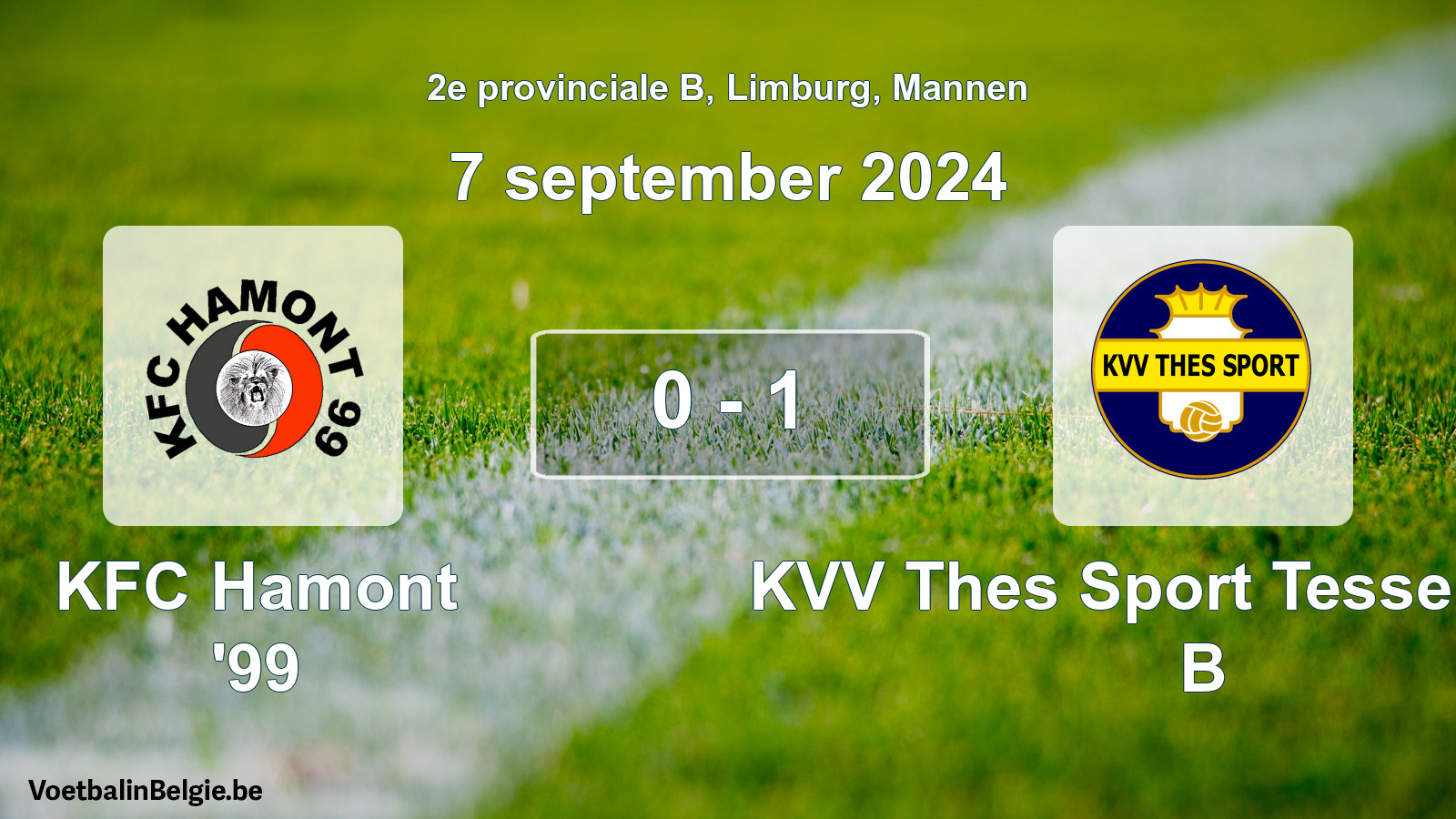 Gespeelde wedstrijd mannenvoetbal: KFC Hamont '99 - KVV Thes Sport Tessenderlo B 0 - 1 (7 september 2024)