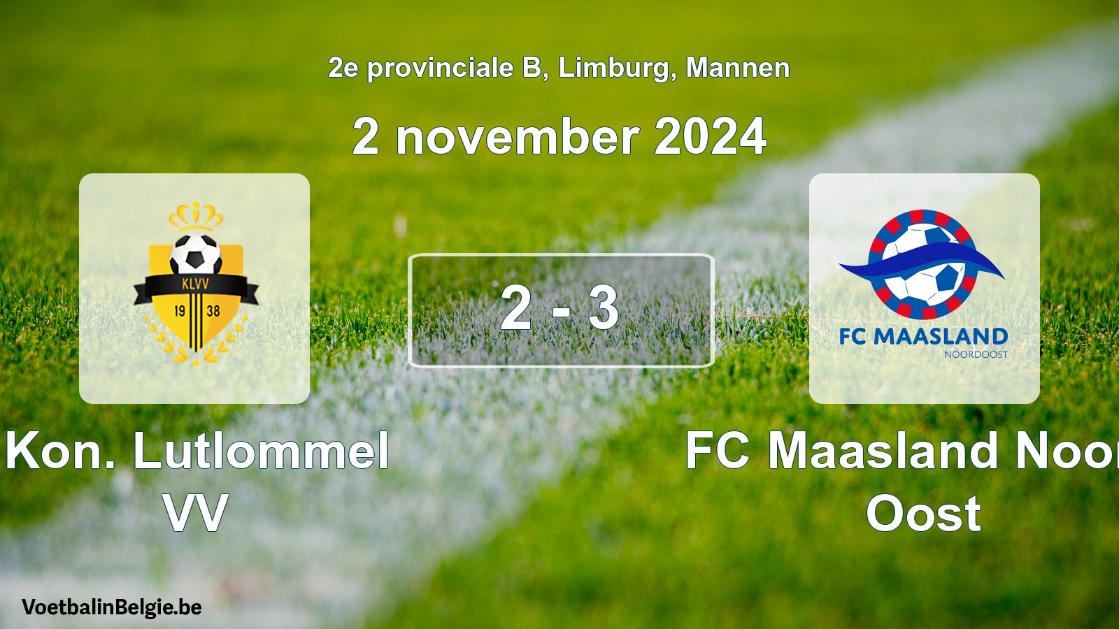 Gespeelde wedstrijd mannenvoetbal: Kon. Lutlommel VV - FC Maasland Noord Oost 2 - 3 (2 november 2024)