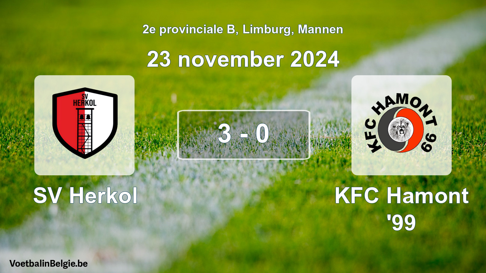 Gespeelde wedstrijd mannenvoetbal: SV Herkol - KFC Hamont '99 3 - 0 (23 november 2024)