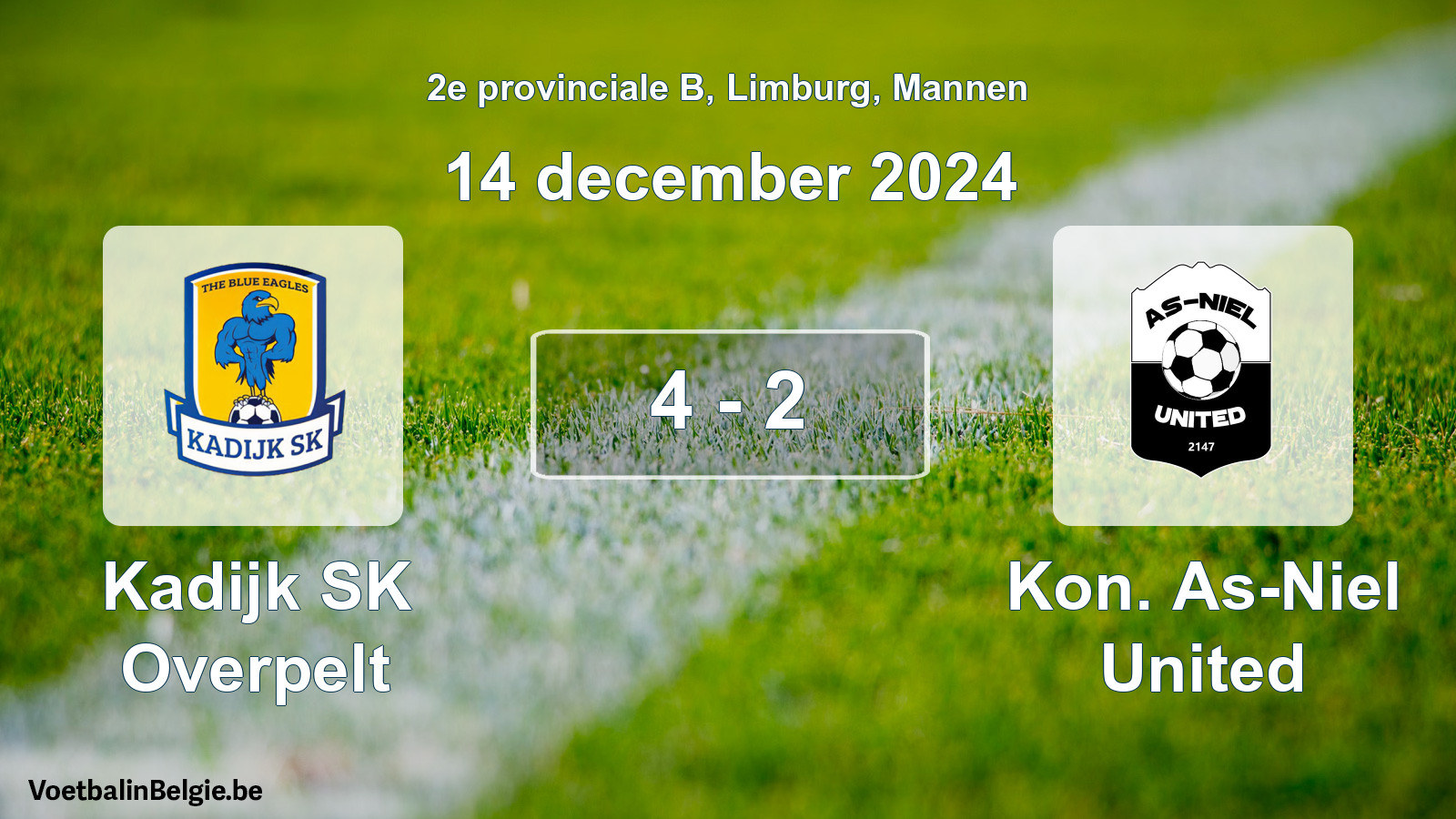 Gespeelde wedstrijd mannenvoetbal: Kadijk SK Overpelt - Kon. As-Niel United 4 - 2 (14 december 2024)